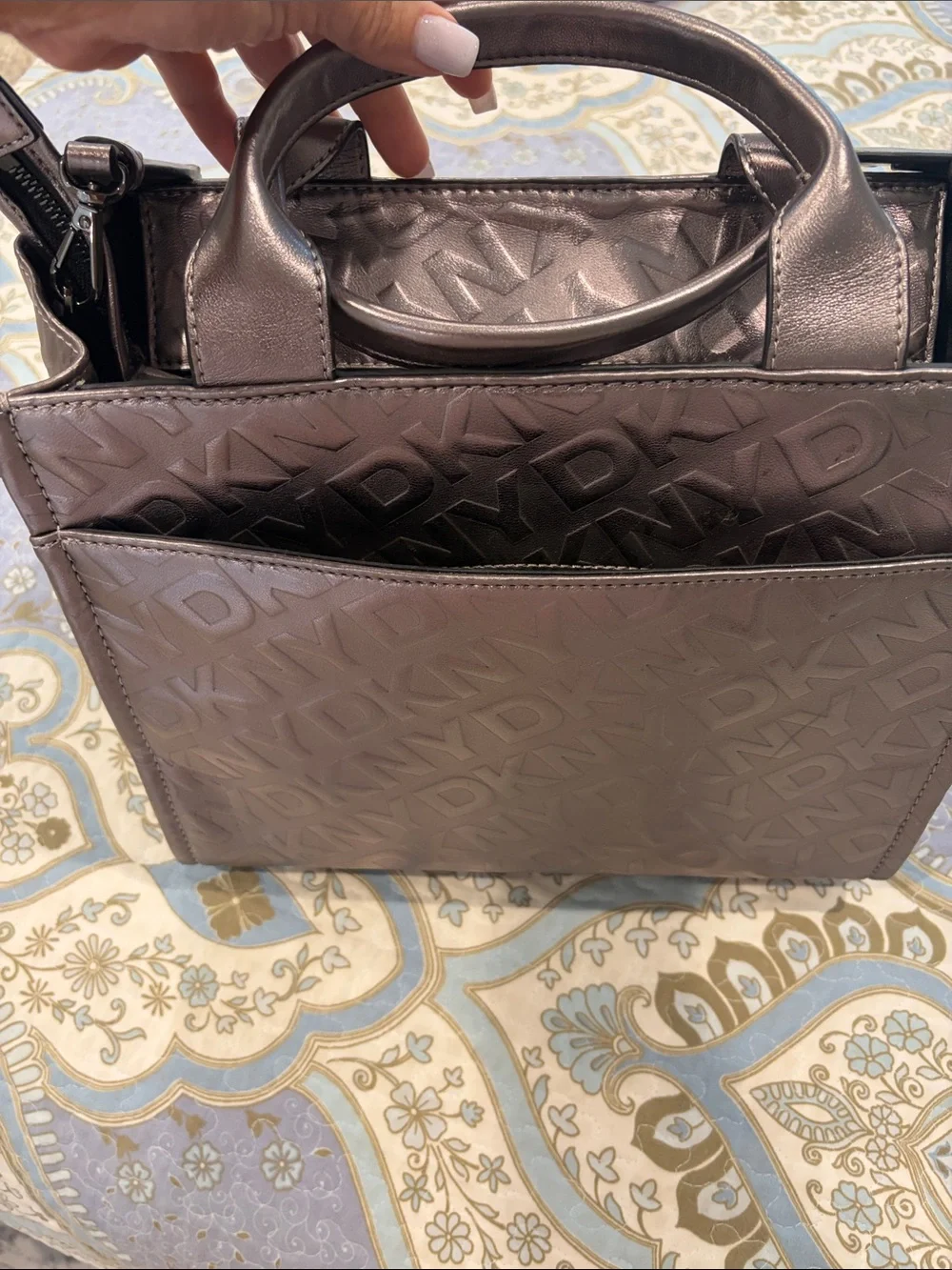 DKNY Metallic Tote Satchel with Black Strap